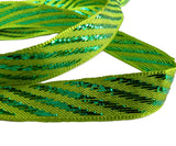 Berisfords Meadow Green 10mm Polyester Ribbon with Metallic Emerald Lurex Diagonal Woven Jacquard SStripes