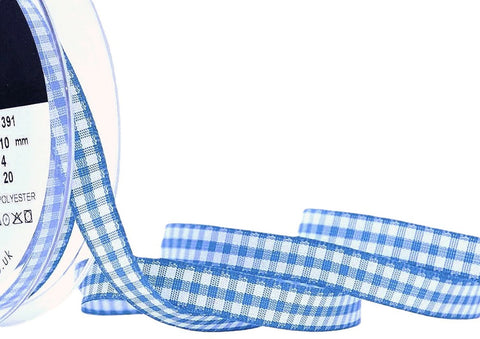 10mm Peacock Blue & White Traditional Gingham Ribbon