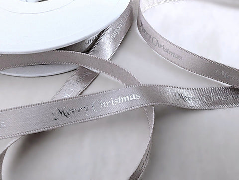 R9908 10mm Grey Satin-Silver Merry Christmas Print Ribbon by Berisfords