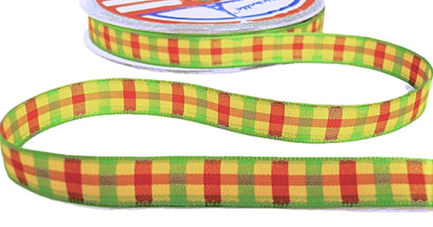Colourful 11mm polyester gingham ribbon in red, deep yellow and lime green