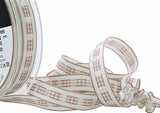 12mm beige and white gingham ruffle ribbon on grosgrain base by Berisfords