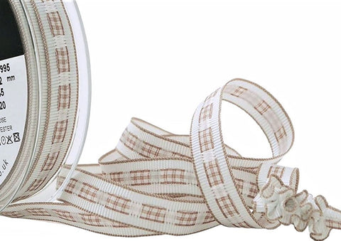 12mm beige and white gingham ruffle ribbon on grosgrain base by Berisfords