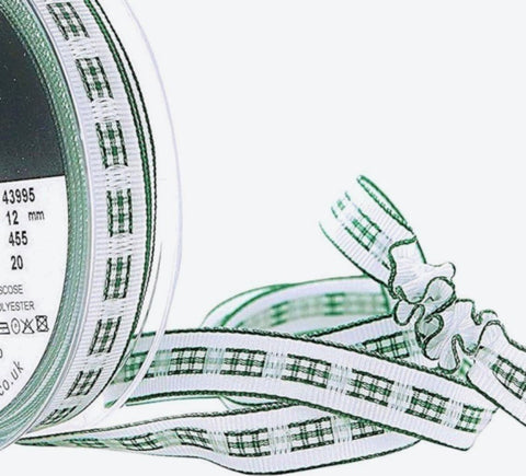 12mm Green-White Gingham Ruffle Ribbon-Grosgrain Base,Berisfords