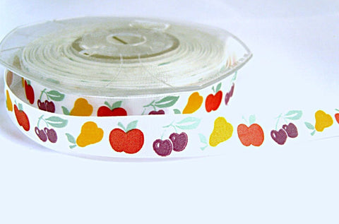 12mm&nbsp;White Satin Ribbon with a&nbsp;Single Face Fruit Design Print