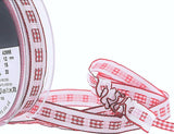 12mm red and white gingham ruffle ribbon with slotted centre on grosgrain base by Berisfords