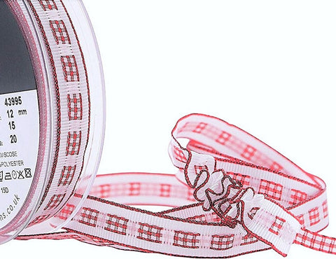 12mm red and white gingham ruffle ribbon with slotted centre on grosgrain base by Berisfords