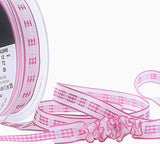 12mm red and white gingham ruffle ribbon with slotted centre on grosgrain base by Berisfords
