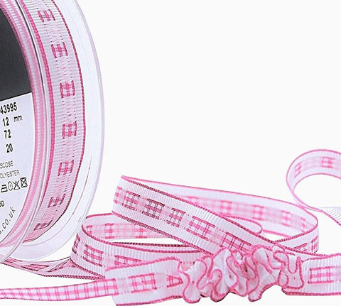12mm red and white gingham ruffle ribbon with slotted centre on grosgrain base by Berisfords