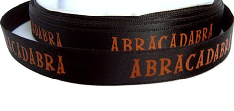 13mm black satin ribbon with a single face abracadabra print - Halloween 
