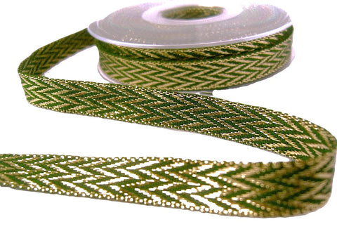 13mm Forest Green-Metallic Gold Woven Jacquard Ribbon,Berisfords