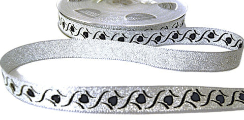13mm Silver & Black Metallic Love Heart Design Printed Ribbon
