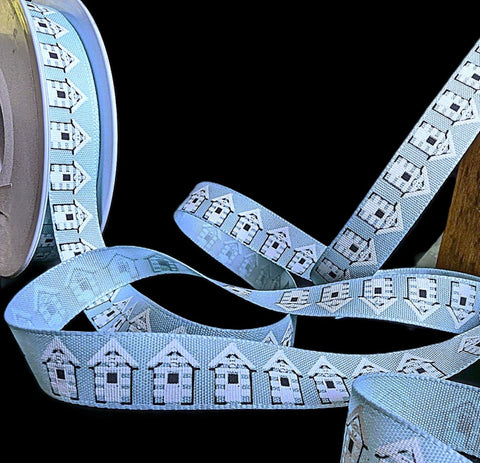 Berisfords Rustic Polyester Taffeta Ribbon with a Cotton Feel and Look and a Single Face Beach Huts-Seaside Themed Print