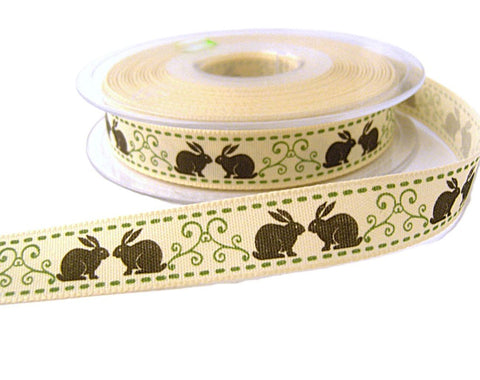15mm bunny rabbit Printed Ribbon. Polyester Rustic Taffeta with a Cotton Appearance and Feel.