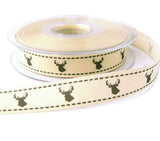 15mm cream Rustic polyester taffeta ribbon with a reindeer festive print