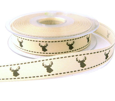15mm cream Rustic polyester taffeta ribbon with a reindeer festive print