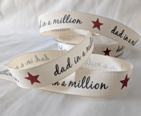 R8733 15mm Dad in a Million Printed Rustic Taffeta Ribbon by Berisfords