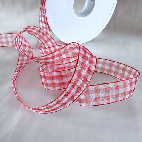 Red and white 15mm super sheer gingham ribbon, lightweight translucent check pattern.