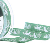 15mm green Turtle Dove Printed Christmas Ribbon. Rustic Polyester Taffeta with a cotton look and feel.