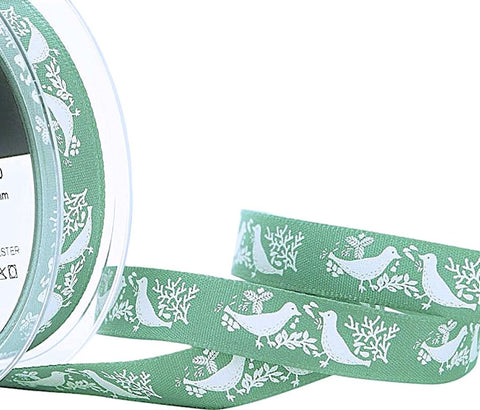 15mm green Turtle Dove Printed Christmas Ribbon. Rustic Polyester Taffeta with a cotton look and feel.