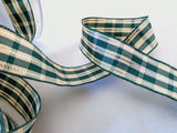 15mm wide green & cream tartan ribbon with this gold metallic stripes. Wire edges & high quality, made by Berisfords Ribbons in the UK. Sold per metre & cut to length with quantity discounts.