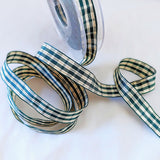 15mm wide green & cream tartan ribbon with this gold metallic stripes. Wire edges & high quality, made by Berisfords Ribbons in the UK. Sold per metre & cut to length with quantity discounts.
