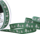 15mm Green Berisfords Scandi Festive Forest Christmas Tree Printed Ribbon. Rustic Polyester Taffeta with a Cotton Feel and Appearance