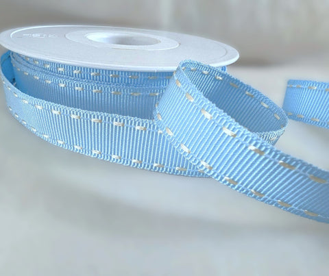 15mm pale blue grosgrain ribbon with satin stitches along the edges