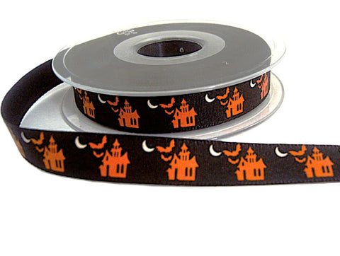 15mm Halloween Spooky House Rustic Taffeta Ribbon | Black & Orange