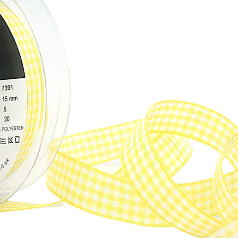 15mm lemon and white polyester traditional gingham ribbon - Berisfords Ribbons.
