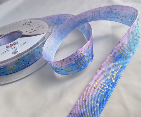 Blue, lilac & metallic gold Leo star sign ribbon by Berisfords, 15mm wide printed taffeta for crafts and gift wrapping