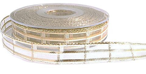 15mm cream and metallic gold sheer check ribbon.