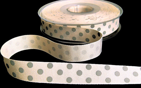 16mm Natural Cream-Grey Polka Spot Grosgrain Ribbon, Berisfords