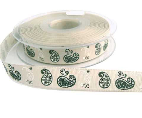 15mm natural Berisfords "60's Retro Paisley". Single Face Print on a Rustic Polyester Taffeta Ribbon with a cotton look and feel.