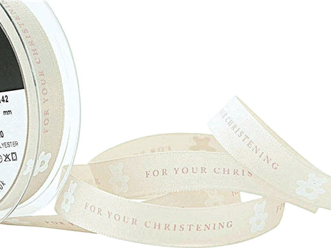 15mm For Your Christening Print Rustic Taffeta Ribbon | Berisfords