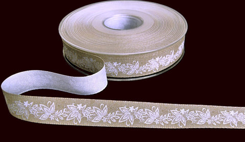 15mm Beige-White Flowery Print Rustic Taffeta Ribbon, Berisfords