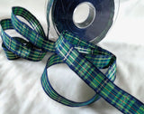 R0063 15mm Blue-Green Tartan Ribbon-Thin Metallic Gold Stripes-Berisfords