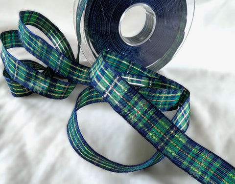 R0063 15mm Blue-Green Tartan Ribbon-Thin Metallic Gold Stripes-Berisfords