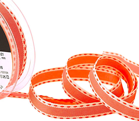 15mm Neon Orange & Cream Grosgrain-Stitch Edge Ribbon | Berisfords
