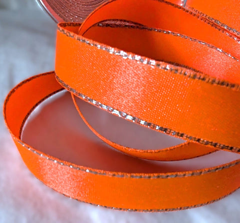 15mm Metallic Edge Satin Ribbon | Berisfords | Flo Orange & Silver