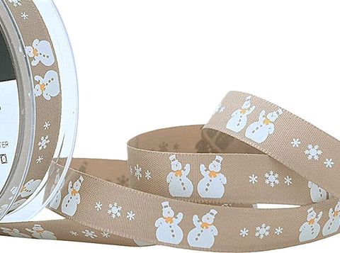 15mm Berisfords Snowman Christmas Print Rustic Oatmeal Taffeta Ribbon