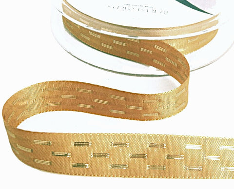 15mm taffeta ribbon with metallic gold woven stripes