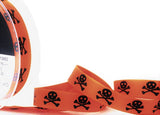 15mm Orange Cotton Feel Taffeta Ribbon Black Skull-Crossbones