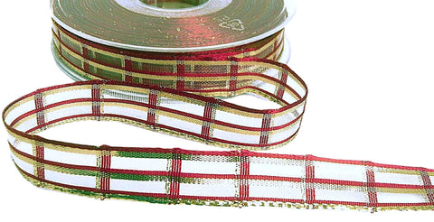 15mm Pale Burgundy-Metallic Gold Sheer Check Ribbon, Berisfords