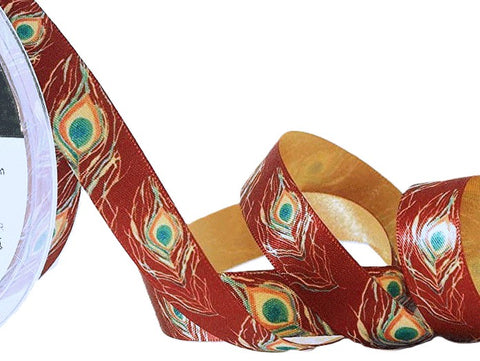 15mm Russet Red-Multi Peacock Feather Print Satin Ribbon | Berisfords