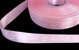 Berisfords Double Face Satin Ribbon with "It's a Girl" and a Pram Printed Design