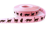 16mm Pink Rustic Taffeta Ribbon with Printed Black Cats Design