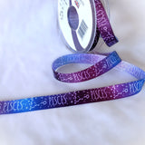 Blue Pisces star sign ribbon by Berisfords, 15mm wide printed taffeta for crafts and gift wrapping
