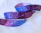 Berisfords 15mm Pisces zodiac sign printed taffeta ribbon in blue with constellation design