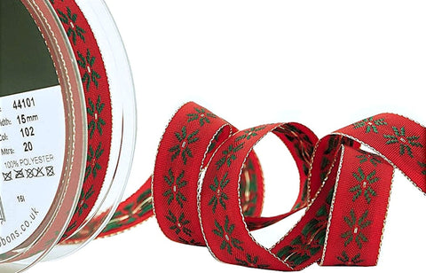 15mm Red, Green & Gold Crystal Metallic Edge Ribbon | Berisfords