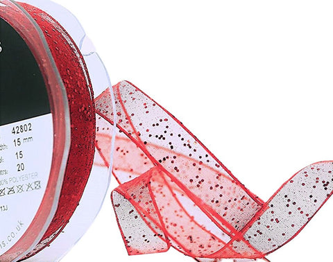 16mm Red Super Sheer Random Metallic Glitter Ribbon - Berisfords